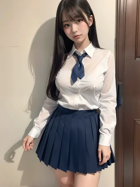 student clothes、high-school uniform、Uniform sheer、Dark blue pleated skirt、爆乳:1.5、large full breasts:1.5