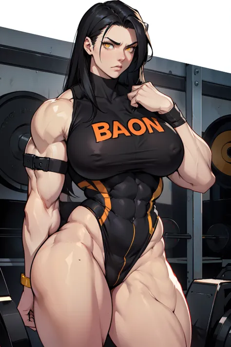 1girl black hair yellow eyes very long hair pale skin angry (((bodybuilder muscular thick thighs huge breasts curvy wide hips thin waist)))