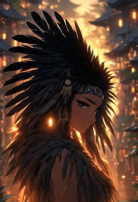 (((woman with black feathers))) best quality, very high resolution, detailed CG in 4K, masterpiece, woman, black hair, black feathers, amazon brazil, rivers, indigenous people, indigenous tribes, indigenous city, forest, aesthetics, beautiful image, center...