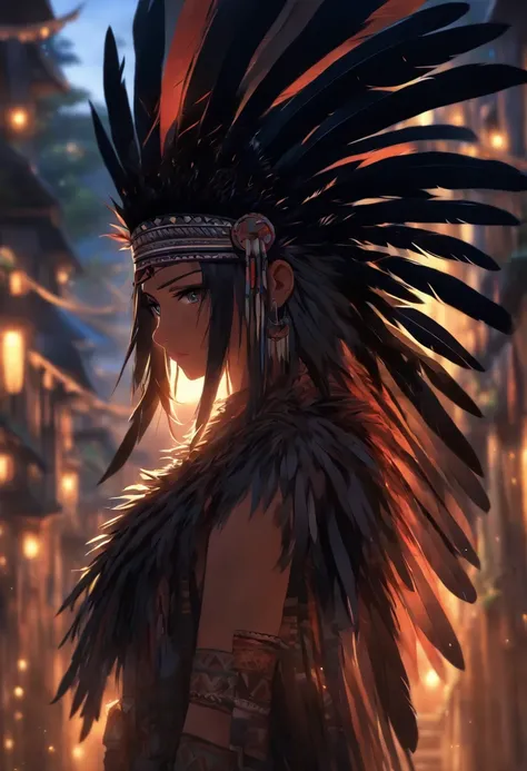 (((woman with black feathers))) best quality, very high resolution, detailed CG in 4K, masterpiece, woman, black hair, black feathers, amazon brazil, rivers, indigenous people, indigenous tribes, indigenous city, forest, aesthetics, beautiful image, center...