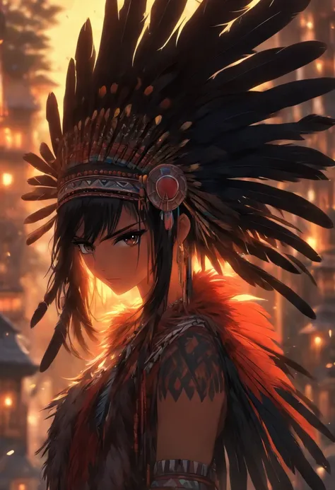 (((woman with black feathers))) best quality, very high resolution, detailed CG in 4K, masterpiece, woman, black hair, black feathers, amazon brazil, rivers, indigenous people, indigenous tribes, indigenous city, forest, aesthetics, beautiful image, center...