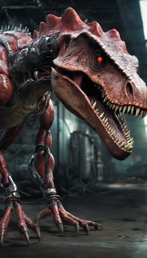 awesome robotic dinosaur, red eyes, cyber city, surreal, best quality,