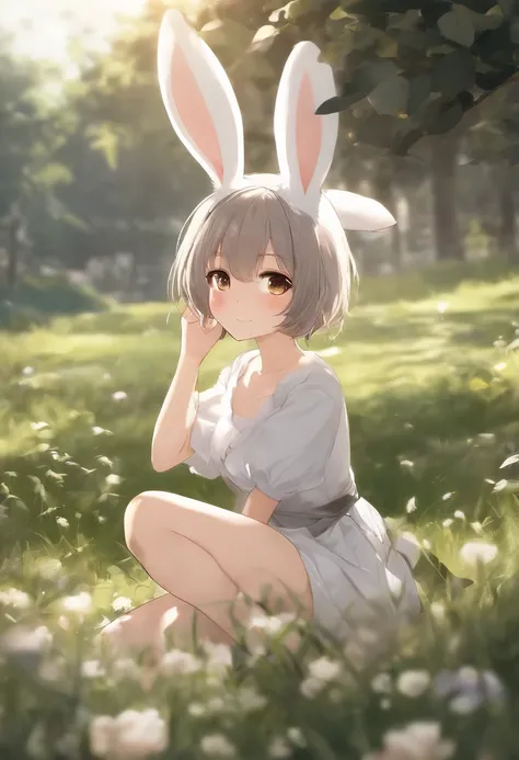 ((masterpiece, best quality)),1girl, solo, animal ears, rabbit, barefoot, skirt, sitting, rabbit ears, short sleeves, (teasing, shy, blushing: 1.3), looking at the audience, grass, short hair, gray hair, puff sleeves, outdoors, fluffy short sleeves, bangs,...