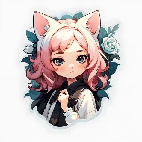 ((Stickers)), masterpiece, beautiful, (portrait), ,1girll,Simple background,Rose hair,White clothing,White cat ears