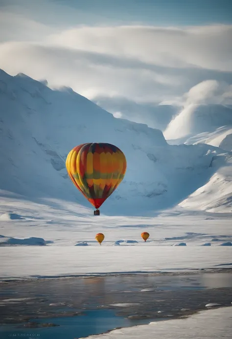 (best quality,4k,8k,highres,masterpiece:1.2),ultra-detailed,(realistic,photorealistic,photo-realistic:1.37),Aerial view,colorful hot air balloons,beautiful Antarctic landscape,hazy clouds,captivating scenery,frozen tundra,vast icy plains,snow-covered mount...