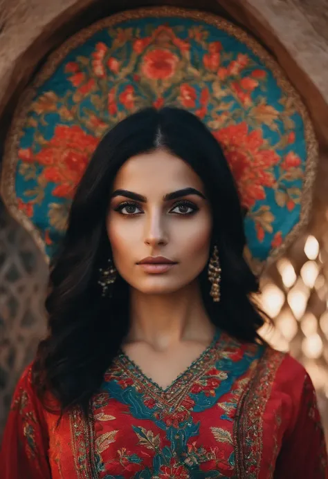 a 22-year-old Turkish Qashqai girl with big black eyes and long black hair and a small mole above her lip, colorful Qashqai dress with a foggy background