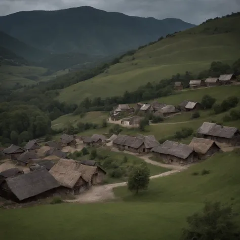 Poor small mountain village streets, villagers, old houses, very detailed, night, gloomy, terrifying, overlooking