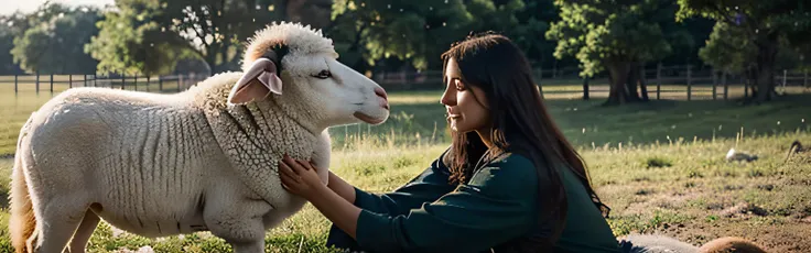 Crie uma cena emocionante que retrate Jesus rodeado por um grupo de seguidores, representados como ovelhas, in a serene and welcoming setting. Jesus deve ser retratado com um semblante sereno e amoroso, conveying compassion and authority at the same time. ...