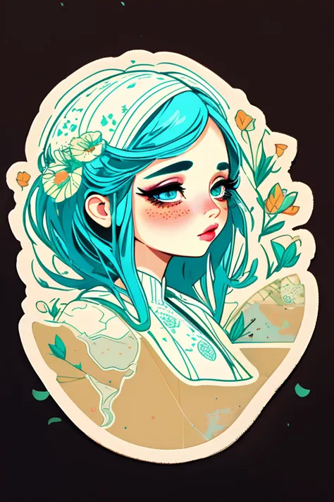 (a sticker，Map，projection，Hollow-out on，graphical，Stickers) Girl in the garden,illustration,Beautiful detailed eyes,beautiful detailed lips,Extremely detailed eyes and face,long eyelasher,floral patterns,，Makeup，Random