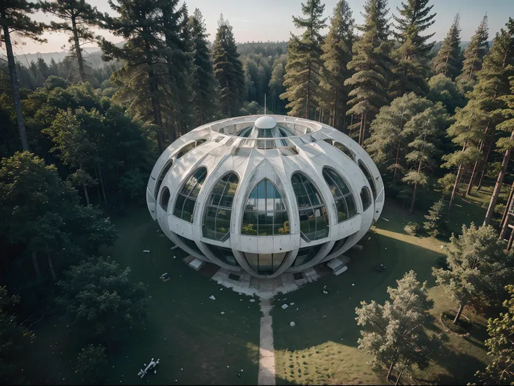 white sci-fi building in the forest, birds nest shape, minimalist, 45 degree, drone shot, photo manipulation, 3d art, ultra realistic, cinematic atmosphere, bird eye view