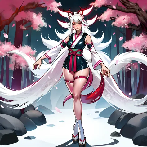 Curvy white haired 9 tailed kitsune wearing fur lined robe and cherry blossom kimono, wearing thigh high fishnets (ALONE)(SOLO), alone, solo