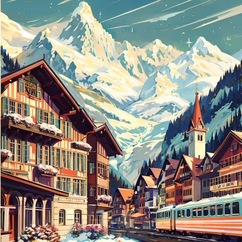 mountains and buildings are in the background of a painting of a train, inspired by Karl Stauffer-Bern, highly detailed vector art, highly detailed illustration, in the swiss alps, travel poster, swiss alps, by Karl Stauffer-Bern, by Justin Gerard, switzer...