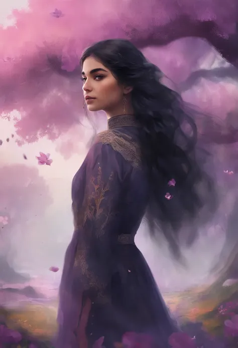 a 22-year-old Turkish Qashqai girl with big black eyes and long black hair, a small black mole above her lip, a colorful Qashqai dress with a misty background and white jasmine flowers and purple trees