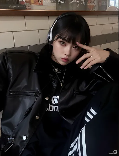 Theres a woman sitting on a couch wearing headphones, very aesthetic leather jacket, usando jaqueta de couro cyberpunk, cruel korean goth girl, Ela tem cabelo preto com franja, E - Menina, e-menina, Ulzzang, com franja completa, she is wearing streetwear, ...