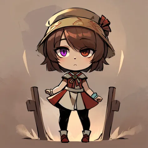 flat avatar, 1girl,anime style,silk hat,brown hair,odd eye,right eye is purple,left eye is redshortcut,simple background, full body, chibi,