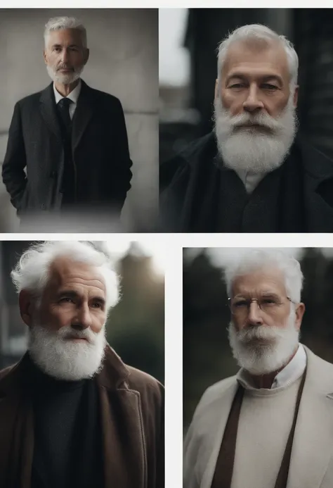 Cinematic portrait , Portrait of a father，Look at the viewer，An elderly man,old man,Single single image，Thin and thin, (80 years:1.1), (shaved pubic hair:1.2), (very short white hair，A little curly:1.5),(Long beard:1.6).Dark coat,Minimalist background, Own...