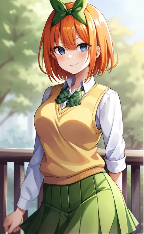 2d, masterpiece, best quality, anime, highly detailed, 1girl, solo, cowboy shot, nakano yotsuba, orange hair, hair bow, green bowtie, yellow sweater, collared shirt, green skirt, miniskirt, medium breasts, standing, school, outdoors, smile