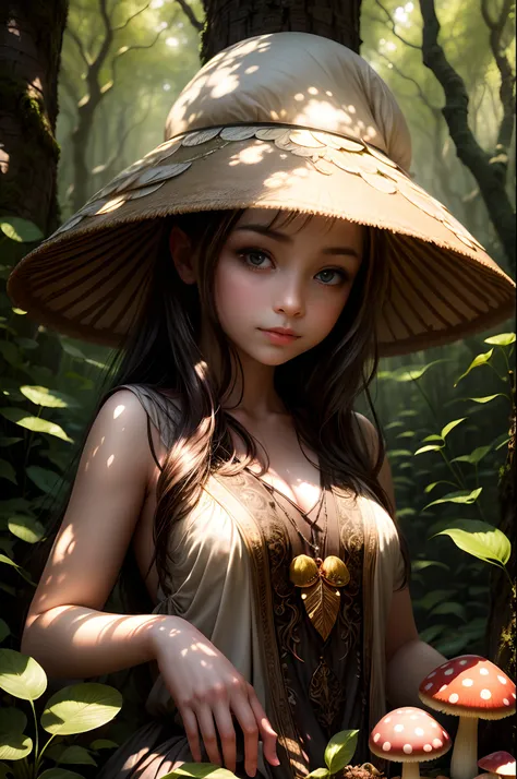 "In the dappled sunlight of a magical forest, a girl admires the intricate beauty of a mushroom while an enchanting insect graces her presence. The interplay of light and shadow adds depth and charm to this captivating composition.