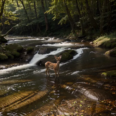 A baby deer playing in a forest stream, realistic photography, professional photography, intricated detailed, ultra HD res