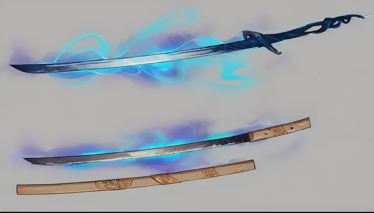 There are two swords with blue lights on them on a gray background, style of ghost blade, design de espada, Projetos de conceito de armamento, arte conceitual de armas, espada curva, holographic blade!, arte conceitual de arma, design de armas, various flo...