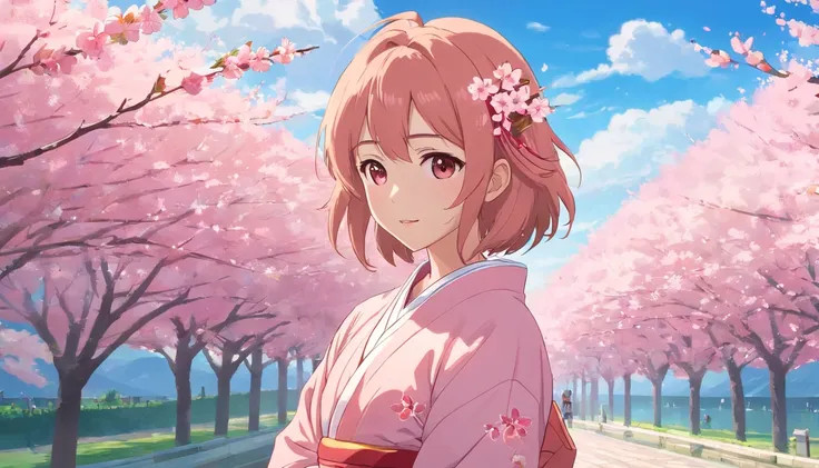 Peach blossom pink straight hair，Wears a pale pink kimono，Holding a cherry blossom branch，in the background, Beautiful cherry blossom trees are scattered with cherry blossoms，She is a sweet girl who stands tall，eyes with brightness