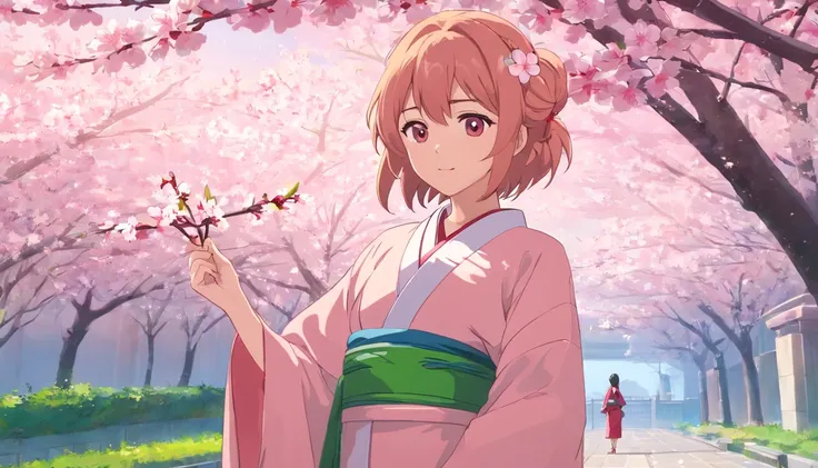 Peach blossom pink straight hair，Wears a pale pink kimono，Holding a cherry blossom branch，in the background, Beautiful cherry blossom trees are scattered with cherry blossoms，She is a sweet girl who stands tall，eyes with brightness