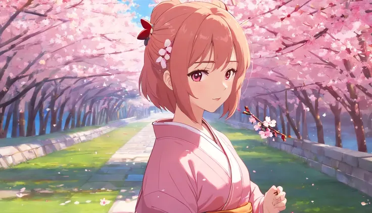 Peach blossom pink straight hair，Wears a pale pink kimono，Holding a cherry blossom branch，in the background, Beautiful cherry blossom trees are scattered with cherry blossoms，She is a sweet girl who stands tall，eyes with brightness