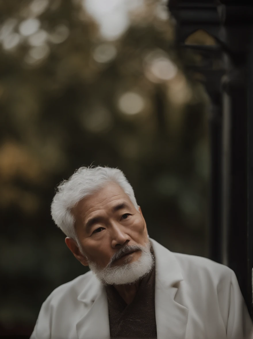 Cinematic portrait , Portrait of a father，Look at the viewer，An elderly Asian man,old man,One guy，Thin and thin, (80 years:1.1), (shaved pubic hair:1.2), (very short white hair，A little curly:1.5),(Long beard:1.6).Dark coat,Minimalist background, Own compo...