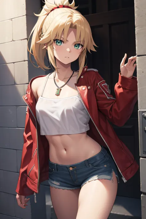 fgomordred, modred, (green eyes:1.5), blonde hair, ponytail, short hair, scrunchie, red scrunchie, hair scrunchie, (small breast...