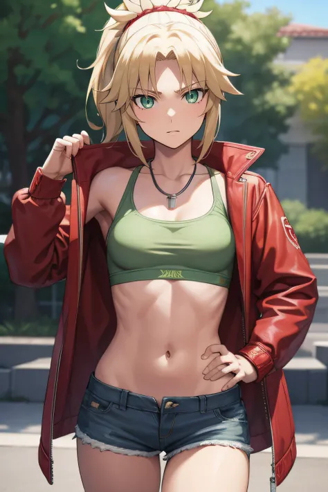 fgomordred, modred, (green eyes:1.5), blonde hair, ponytail, short hair, scrunchie, red scrunchie, hair scrunchie, (small breast:1.2),
BREAK blonde hair, denim, denim shorts, jacket, jewelry, midriff, navel, necklace, red jacket, short shorts, shorts, tube...