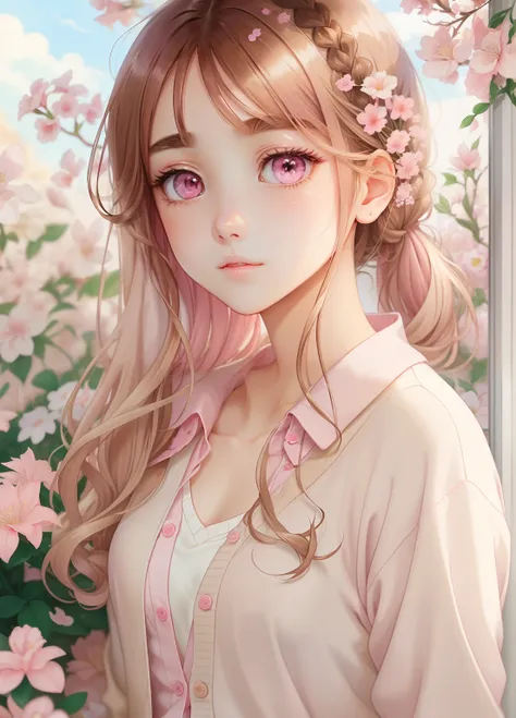 Beautiful illustration、top-quality、prety woman、20yr old、brown haired、Brown-eyed、length hair、Straight hair、Hair tied at the top right、White Y-shirt、Beige cardigan、breasts are large、Pink looks good、Anime Pictures、eyes are big、Have pink flowers、Gentle express...