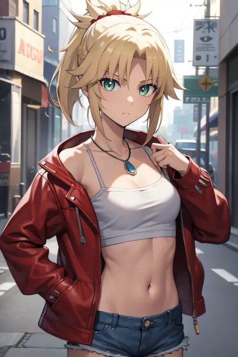 fgomordred, modred, (green eyes:1.5), blonde hair, ponytail, short hair, scrunchie, red scrunchie, hair scrunchie, (small breast...