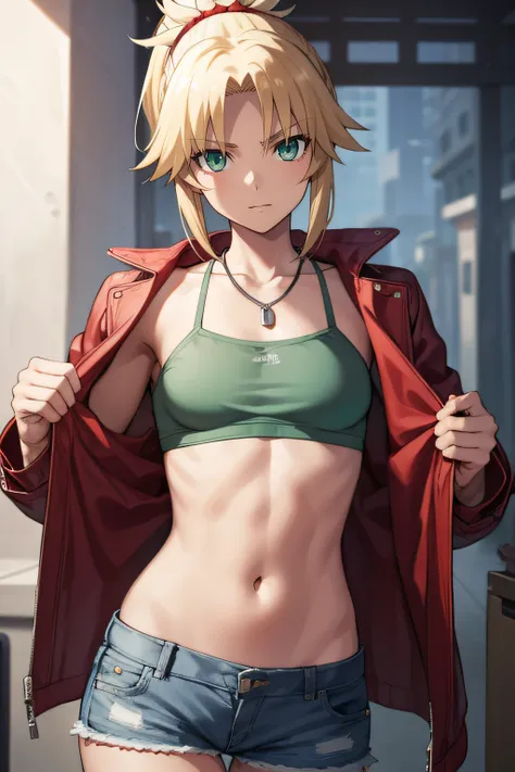 fgomordred, modred, (green eyes:1.5), blonde hair, ponytail, short hair, scrunchie, red scrunchie, hair scrunchie, (small breast...