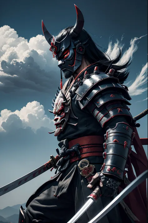 (demon samurai)、(Wearing a Demon Mask)、独奏、Like the whole body、(Armed with a long and large Japan sword)、facing front,magnificent artwork、((Kyoto panel painting style))、Wind-effect:1.9、Cloud Effects:1.2、Blue and black armor、Full Rendering、Encaustic Painting...