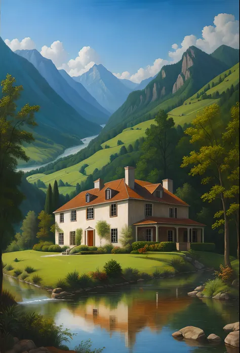 Country house in the middle of the mountains, river, Trees, classical art, oil painting