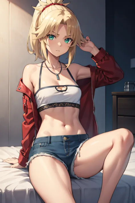 fgomordred, modred, (green eyes:1.5), blonde hair, ponytail, short hair, scrunchie, red scrunchie, hair scrunchie, (small breast...