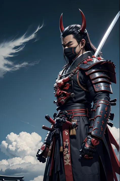 (demon samurai)、(Wearing a Demon Mask)、独奏、Like the whole body、(Armed with a long and large Japan sword)、facing front,magnificent artwork、((Kyoto panel painting style))、Wind-effect:1.9、Cloud Effects:1.2、Blue and black armor、Full Rendering、Encaustic Painting...