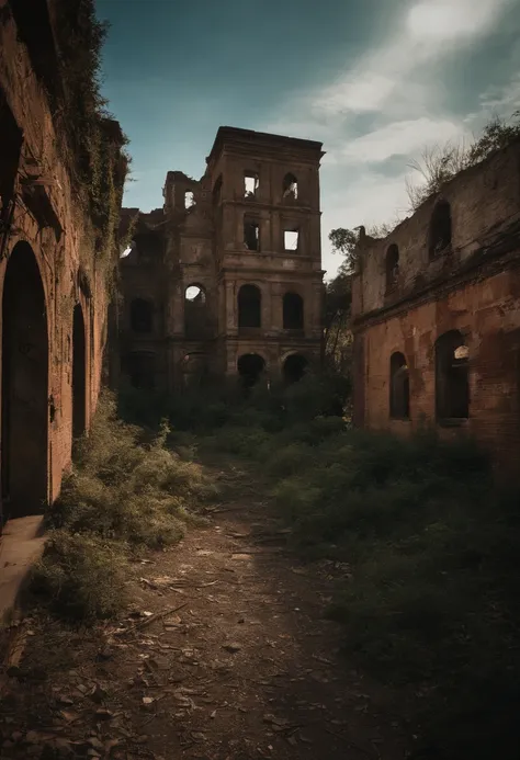 crumbling buildings, decayed architecture, desolate landscape, abandoned vehicles, polluted sky, overgrown vegetation, shattered windows, graffiti-covered walls, eerie atmosphere, dimly lit streets, post-apocalyptic vibes, rusty metal structures, broken in...