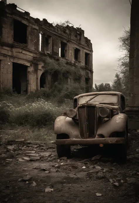 crumbling buildings, decayed architecture, desolate landscape, abandoned vehicles, polluted sky, overgrown vegetation, shattered windows, graffiti-covered walls, eerie atmosphere, dimly lit streets, post-apocalyptic vibes, rusty metal structures, broken in...