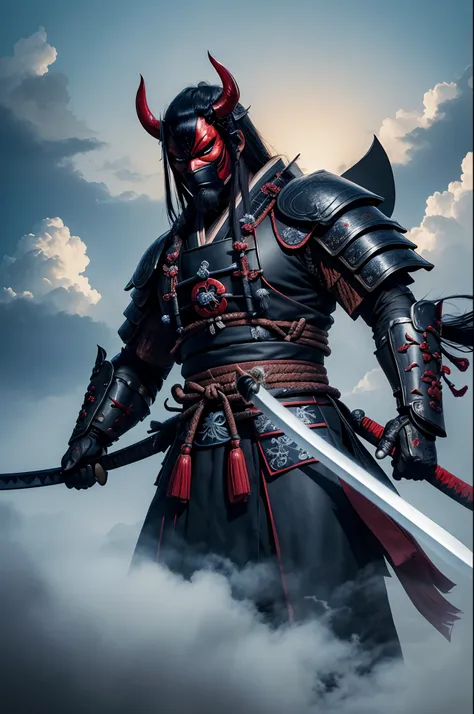 (demon samurai)、(Demon Mask)、独奏、Like the whole body、(Armed with a long and large Japan sword)、facing front,magnificent artwork、((Kyoto panel painting style))、Wind-effect:1.9、Cloud Effects:1.2、Blue and black armor、Full Rendering、Encaustic Painting、unrealeng...