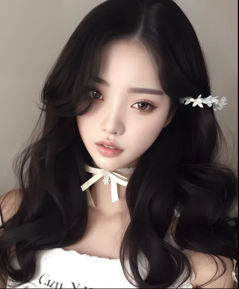 um close up de uma mulher com cabelos longos vestindo uma camisa branca, Ulzzang, com cabelos longos e olhos penetrantes, wan adorable korean face, cruel korean goth girl, large eyes and flowing long hair, maquiagem sul-coreana popular, maquiagem coreana p...