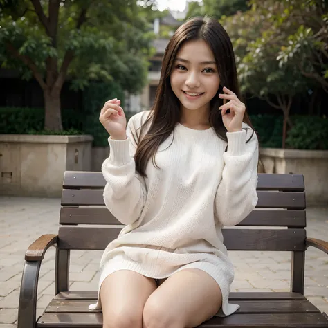 Alafed girl sitting on a bench with her hands raised, delighted expression, The best smile, Beautiful eyes, Surprised expression, big eye, Young Asian Girl, Slim Faces, Top image quality, Beautie, Long, kawaii, White sweater,