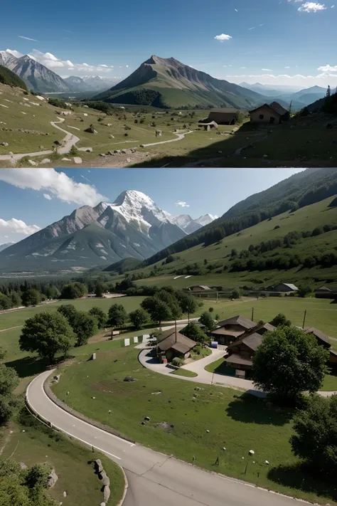 mountains with a lot of vegetation and roads in which it forms a circle within this circle of mountains a village