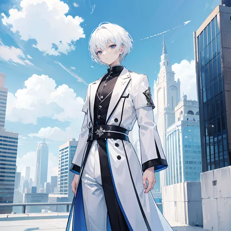 White color hair，short detailed hair，Libido boy， Black eyes，White clothes，All body，Standing on the ground，Background city blue sky and white clouds，science fantasy