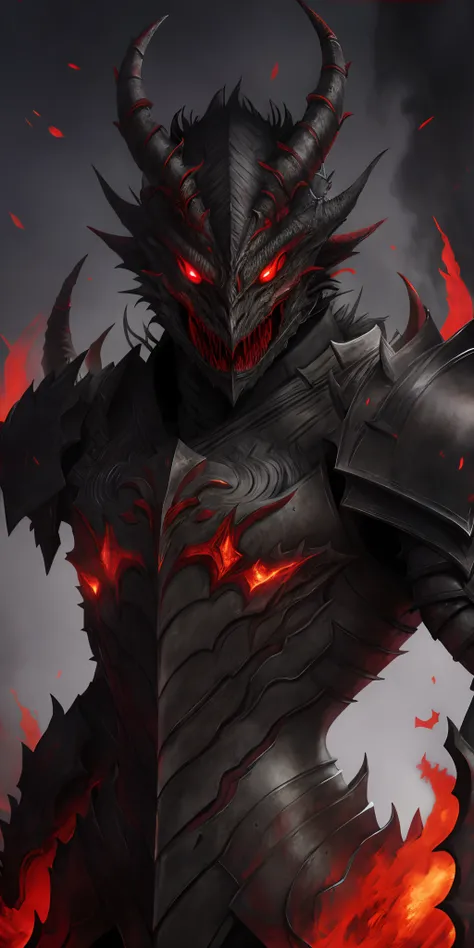 demonic looking male in armor with red eyes and a glowing demon face, demonic dragon inspired armor, alduin, dragon knight, draconic looking armor, fantasy inspired dragon armor, dragon inspired armor, dragon armor, cyborg dragon portrait, demon armor, bla...