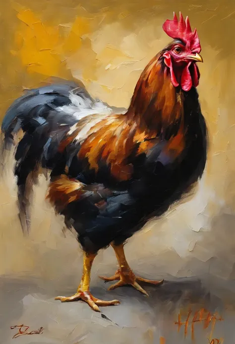 oil painting , chicken with unstable multiple personality disorder , sharp nails , - (worry ,glory , artistic) , - white feathers , black tail - (faded yellow)  background - (pity at my friend) , realistic anatomy -crying at funelral , full body potrait of...