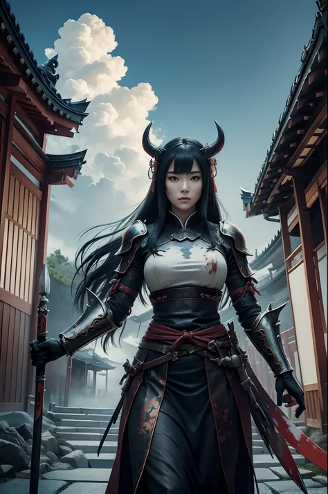 (Female Ghost Attendant)、Demon Mask、Super beautiful、Solo Adult Demon Woman、Like the whole body、(Armed with a long and large spear)、Mature Woman Big Female Demon。Rugged jaws(Like the real thing),Stand facing the front,Demon Armor,magnificent artwork,((Kyoto...