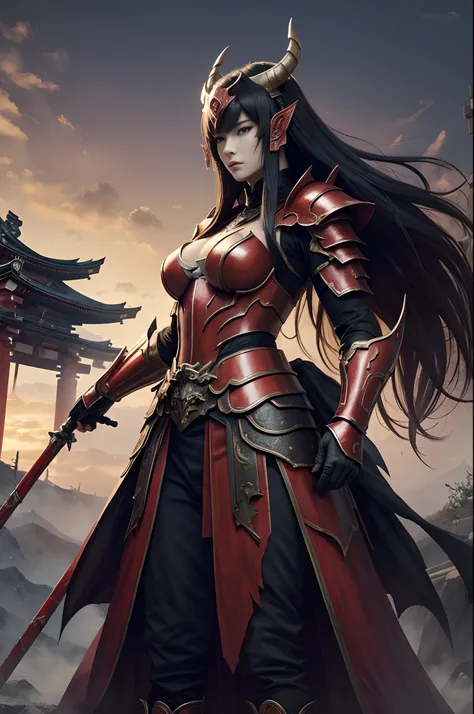 (Female Ghost Attendant)、Demon Mask、Super beautiful、Red Armor Solo Adult Demon Woman、Like the whole body、(Armed with a long and large spear)、Mature Woman Big Female Demon。Rugged jaws(Like the real thing),Stand facing the front,Demon Armor,magnificent artwo...