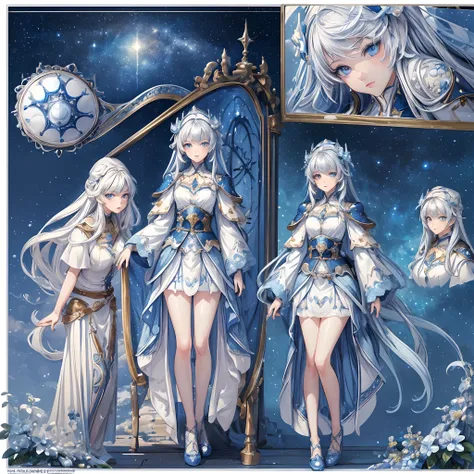 ((Masterpiece, Highest quality)), Detailed face, CharacterDesignSheet， full bodyesbian, Full of details, Multiple poses and expressions, Highly detailed, Depth, Many parts，beautiful teenage girl，eyes with brightness，in white and blue，Goji，Starry sky clouds...