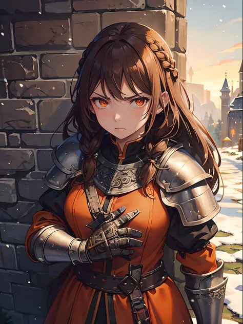 Close up, fantasy world, medieval, cobblestone city, large castle gate, wood wooden gate door, snow, adult woman, dirty, guard, long brown hair, hair braids, orange eyes, annoyed look, raised eyebrow, orange tunic, armour, steel plate shoulders, gauntlets,...